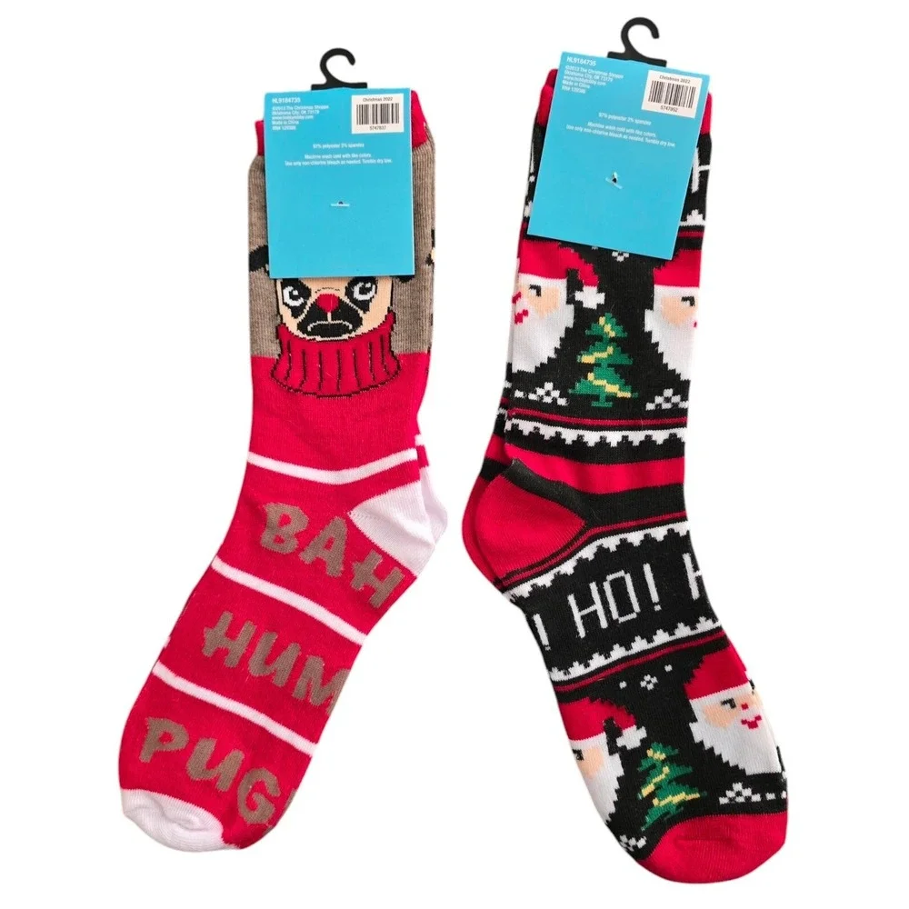 Christmas Shoppe Ladies Crew Socks Pugs Santa Hat Dog Santa Socks Lot Of 2 Pairs